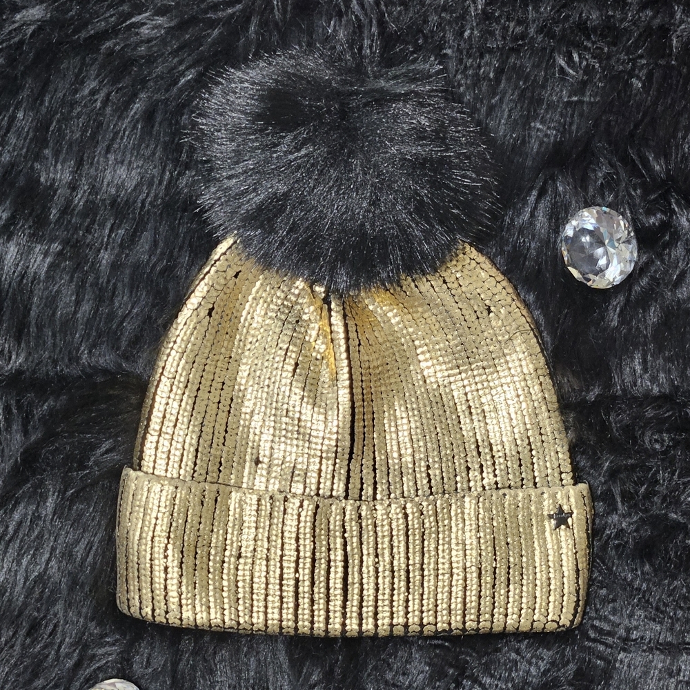 Jocelyn Hat Beanie Gold Metallic Real Dyed Fox Fur Knit Modern Fall Winter Gift